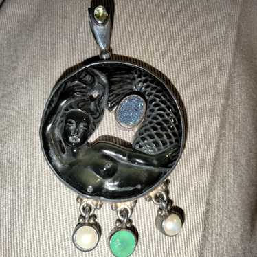 Vintage Sajen Rainbow Obsidian Mermaid Pendant St… - image 1