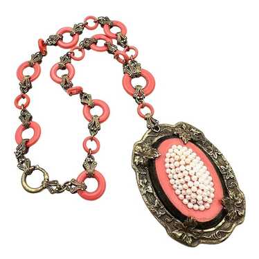 Antique Czech Womens Necklace Coral Color Glass Br