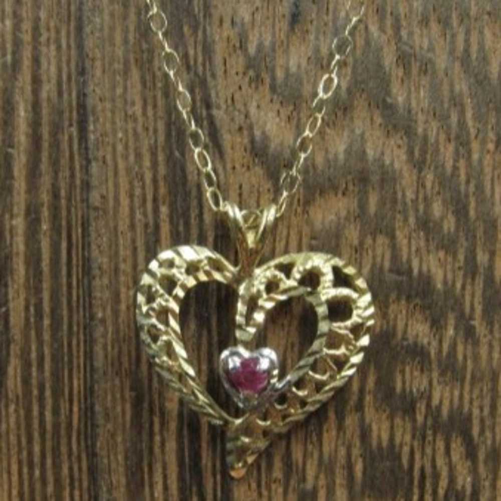 18" 10K 14k Gold Ruby Gem Heart Necklace - image 1