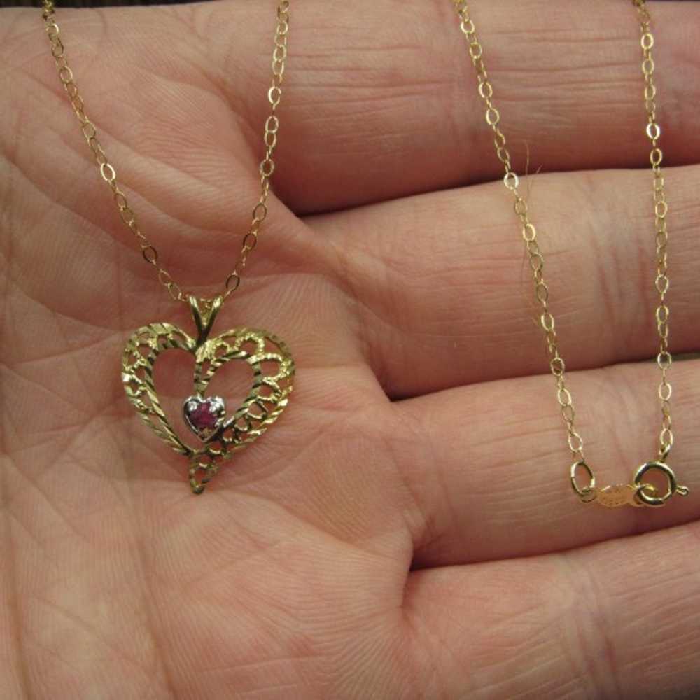 18" 10K 14k Gold Ruby Gem Heart Necklace - image 2