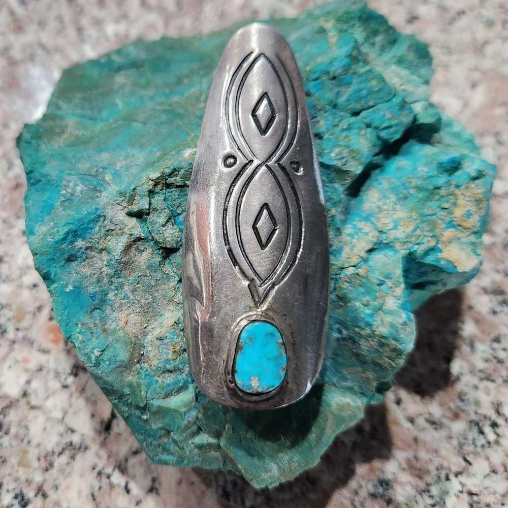 Vintage Navajo Authentic Turquoise Silver Fingern… - image 5