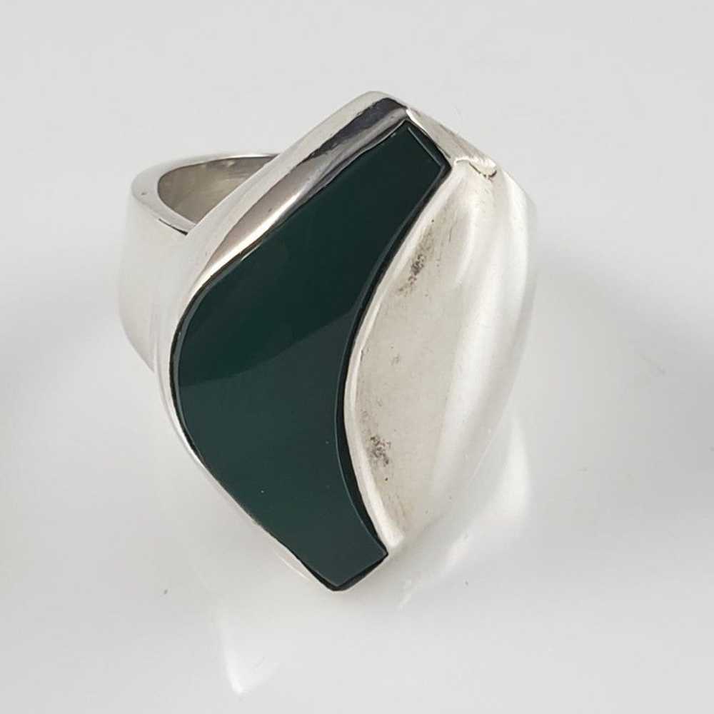 Green Enamel & Sterling Modernist Ring - image 1