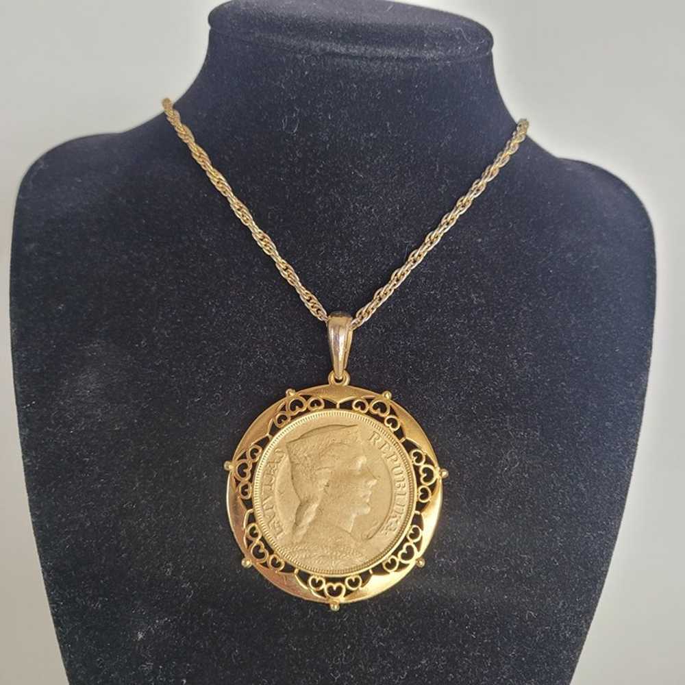 Vintage 1931 Latvia Coin Medallion Pendant Neckla… - image 1