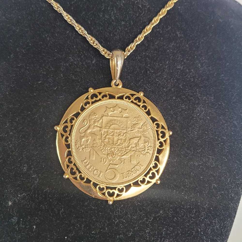 Vintage 1931 Latvia Coin Medallion Pendant Neckla… - image 2