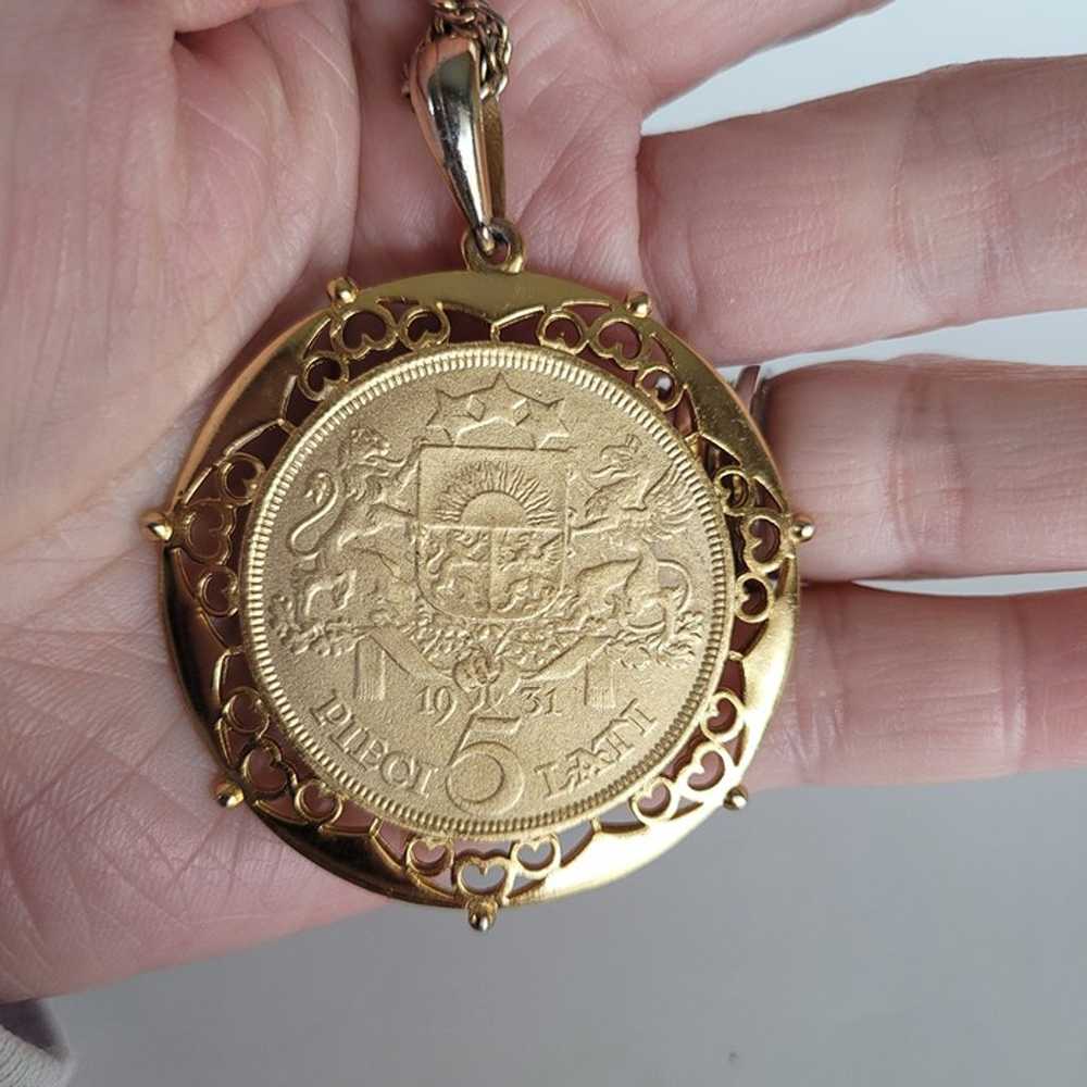 Vintage 1931 Latvia Coin Medallion Pendant Neckla… - image 3