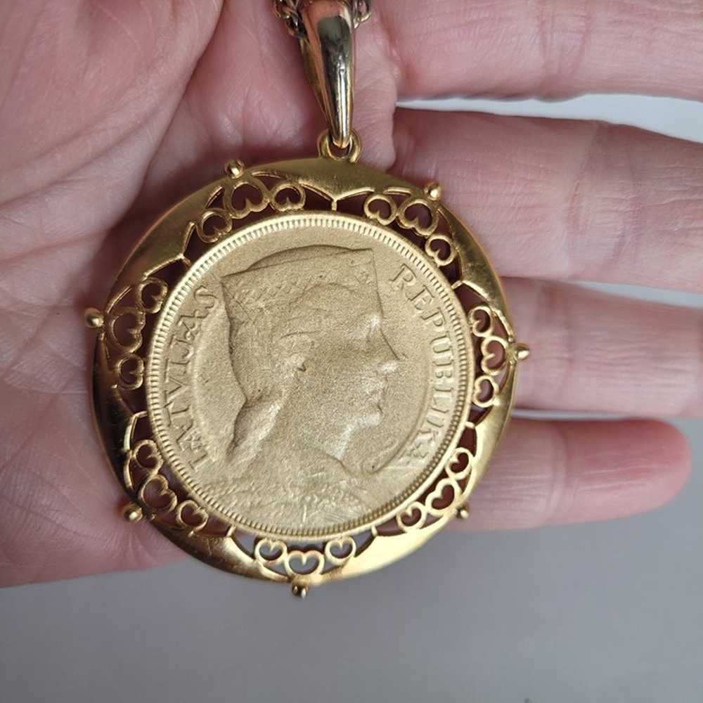 Vintage 1931 Latvia Coin Medallion Pendant Neckla… - image 4