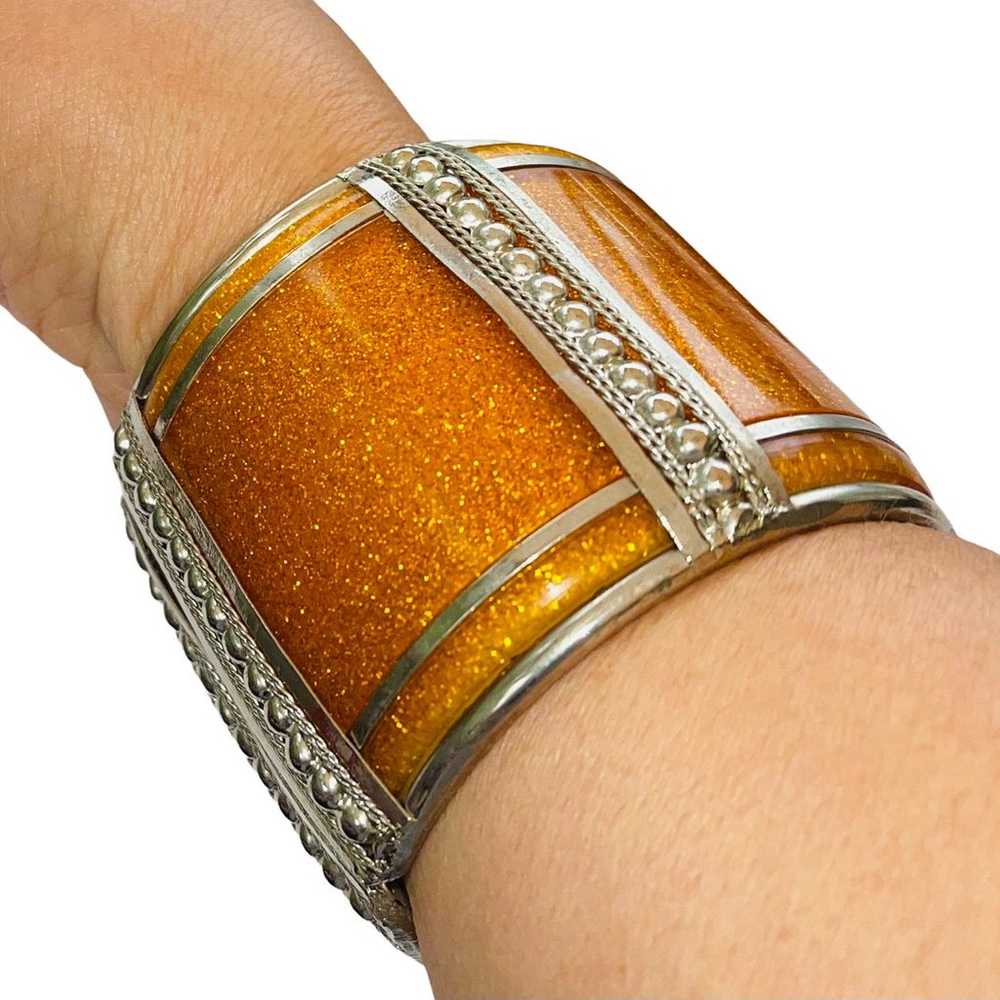 RARE Vintage Cuff Clamper Bracelet Metal Flake Gl… - image 10