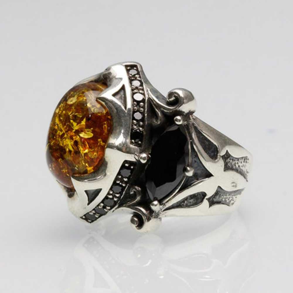 925 silver ring vintage gem black stone amber ring - image 1