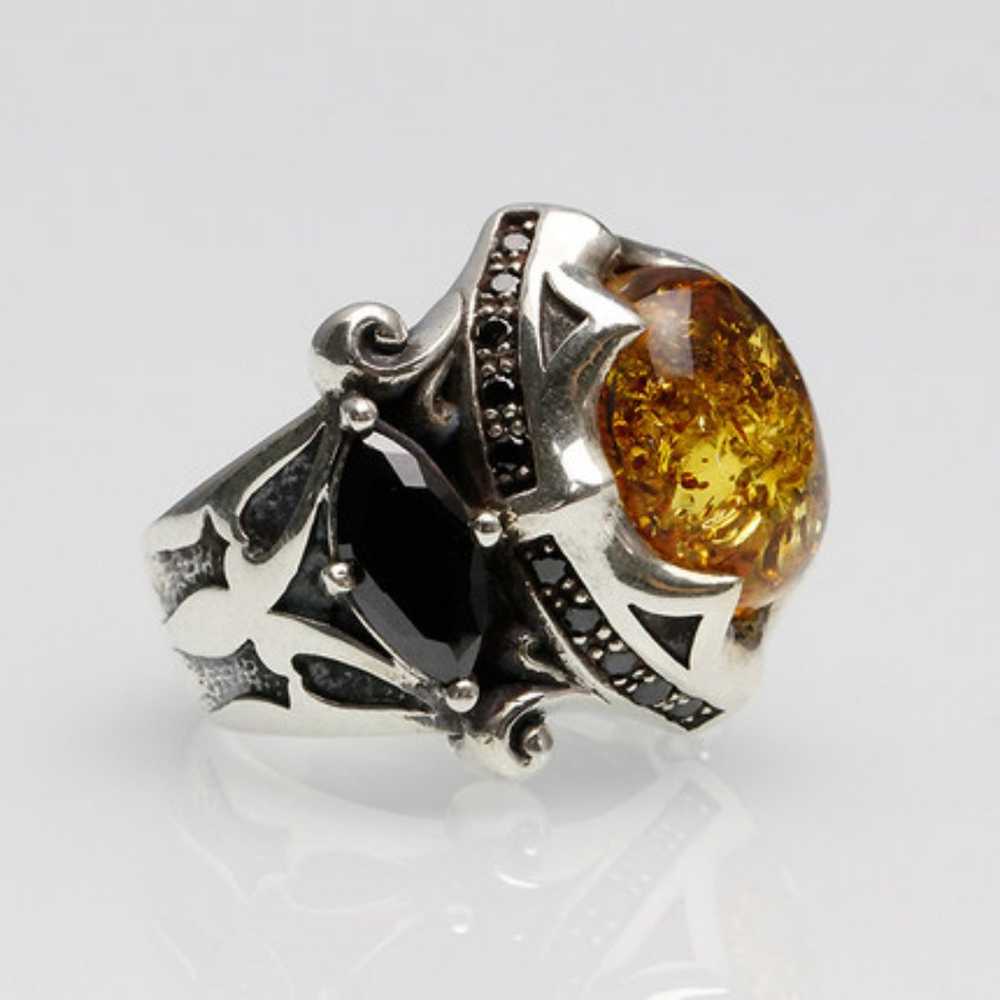 925 silver ring vintage gem black stone amber ring - image 2