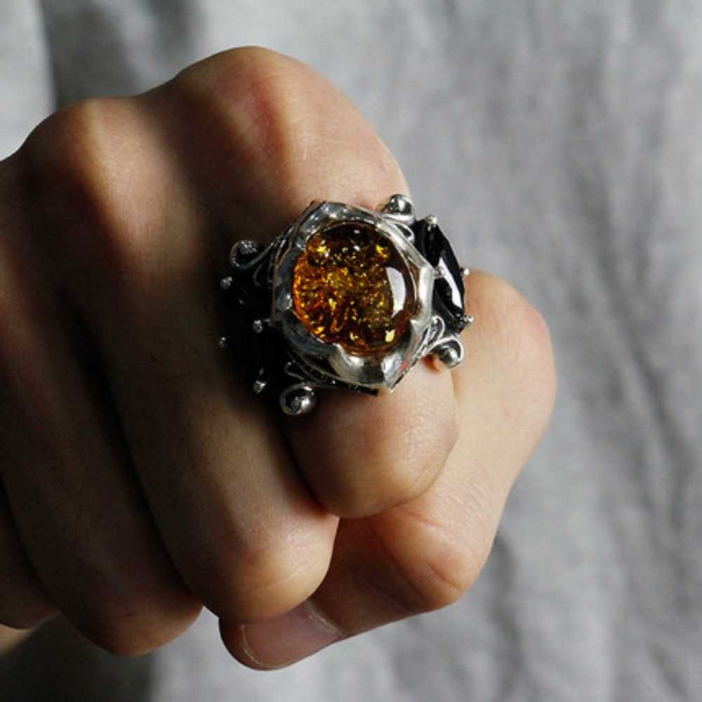 925 silver ring vintage gem black stone amber ring - image 3