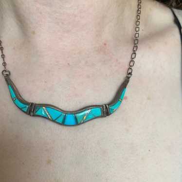 Turquoise Inlay Sterling Necklace Calvin Begay Nav