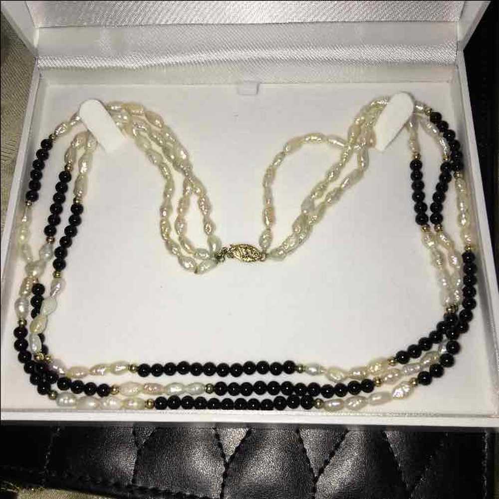 Vintage 14K Pearl Onyx 3 Strand Necklace - image 1