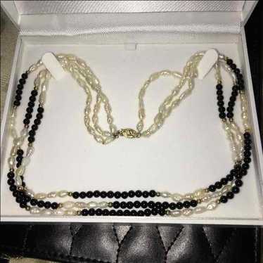 Vintage 14K Pearl Onyx 3 Strand Necklace - image 1