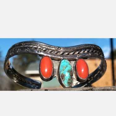 Vintage Sterling Silver Southwestern Red Coral Tu… - image 1