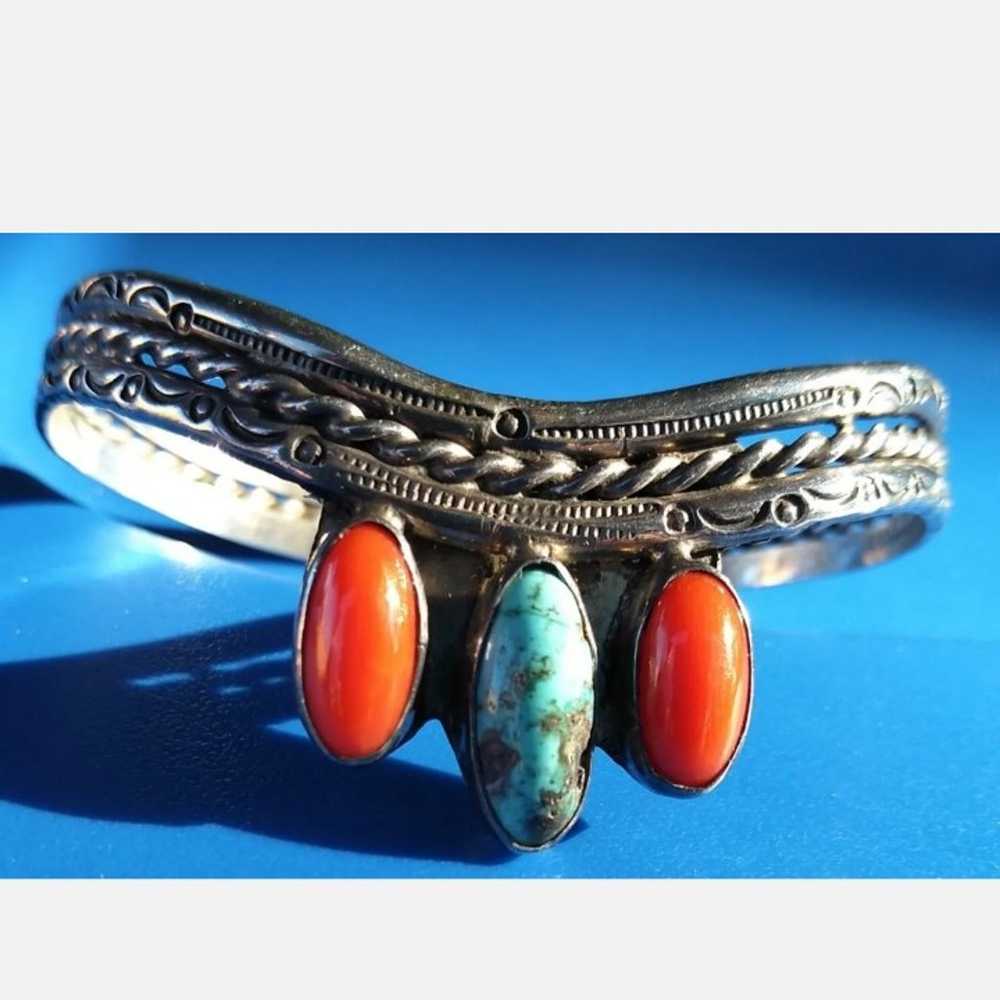 Vintage Sterling Silver Southwestern Red Coral Tu… - image 2