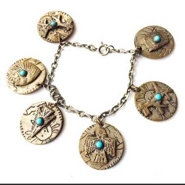 NATIVE AMERICAN SYMBOL SILVER & TURQUOISE COIN CHA