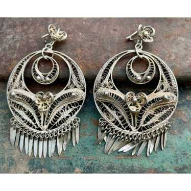 Vintage Mexican Earrings Sterling Silver Filigree… - image 1