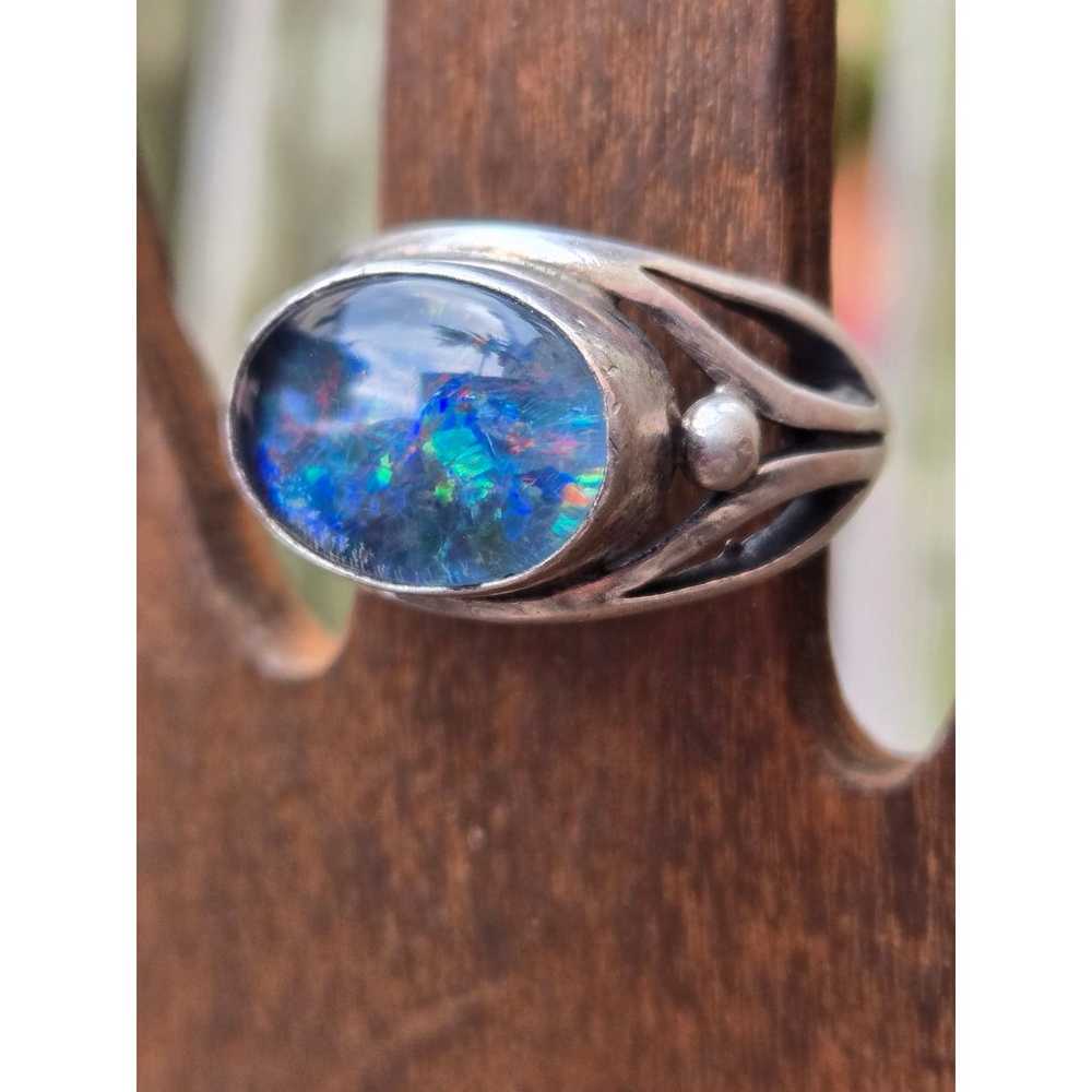 Vintage Sterling Silver Oval Australian Opal Ring… - image 3