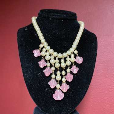 vintage amazing fuax pearl and pink glass necklace - image 1