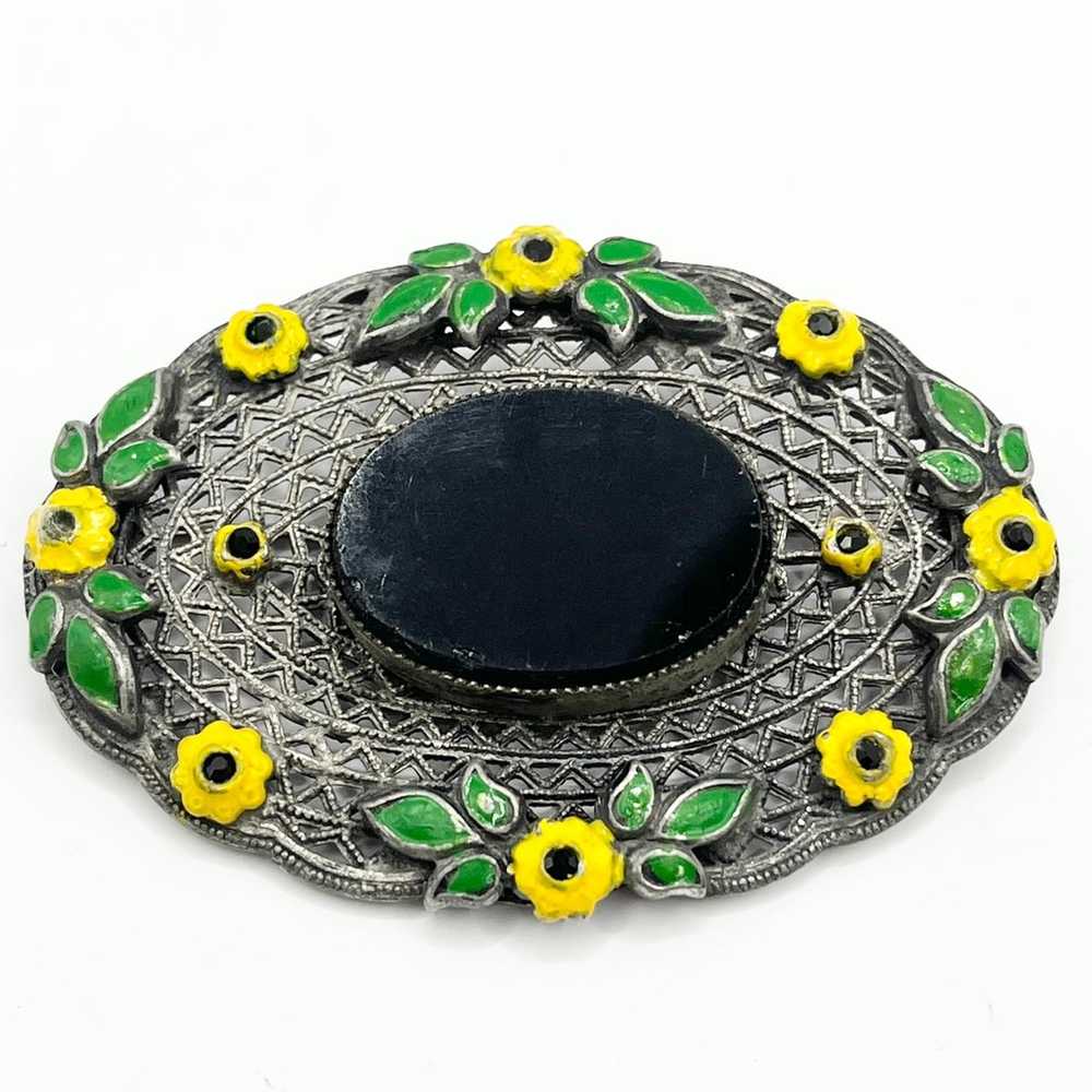 Antique Art Deco Black Stone Enamel Flower Pin Br… - image 1