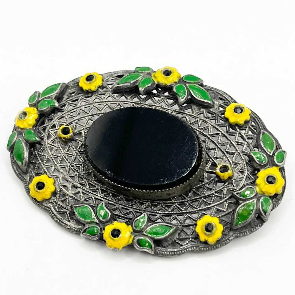 Antique Art Deco Black Stone Enamel Flower Pin Br… - image 3