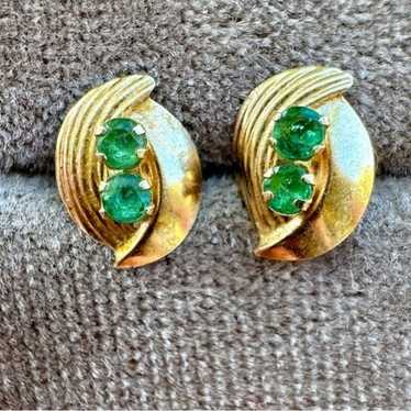 Vintage solid 10k gold genuine emerald earrings - image 1