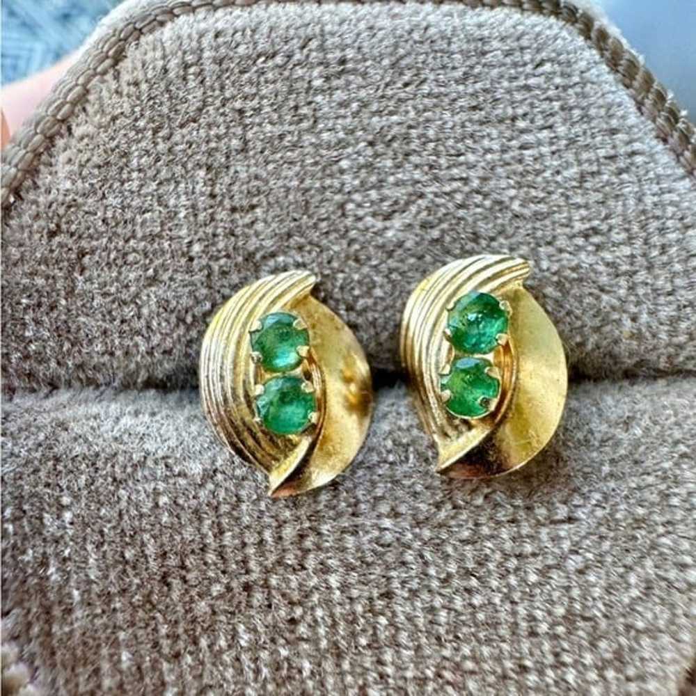 Vintage solid 10k gold genuine emerald earrings - image 3