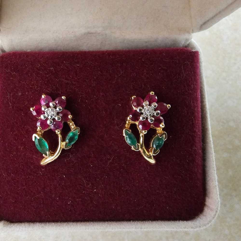 Earrings.99ctw Ruby, Emerald, and Diamond Flower … - image 2