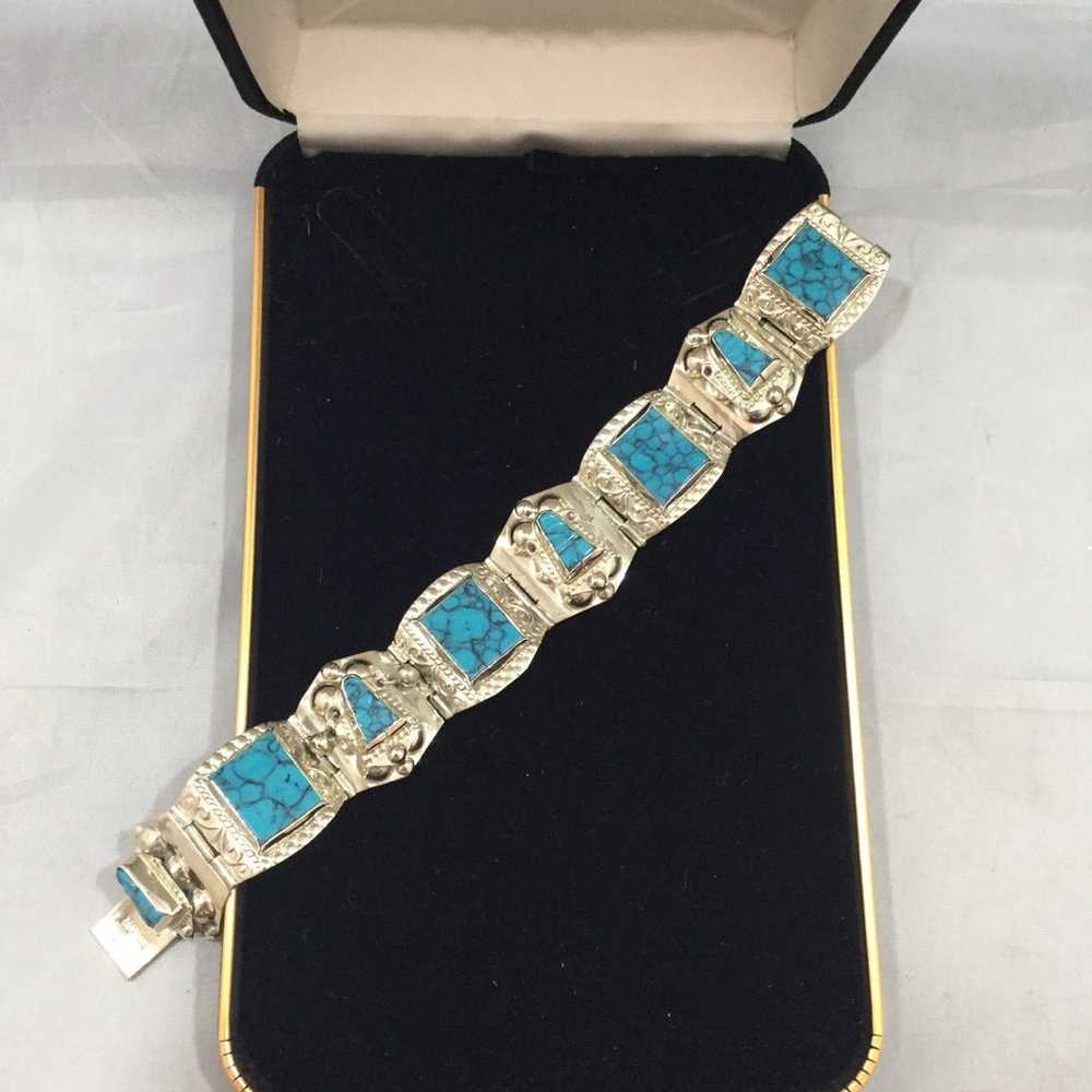 VTG .925 Sterling Silver Mexican Bracelet With Bl… - image 1