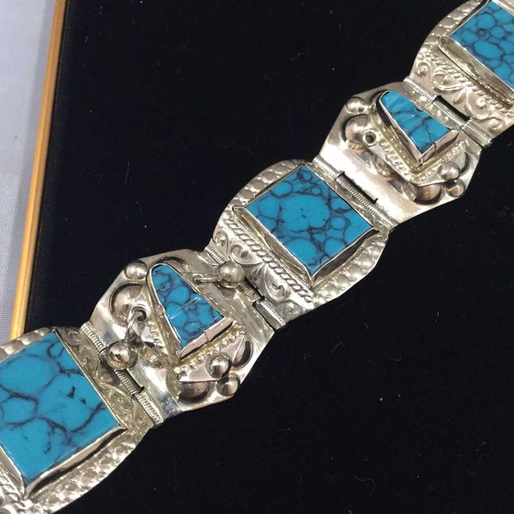 VTG .925 Sterling Silver Mexican Bracelet With Bl… - image 3