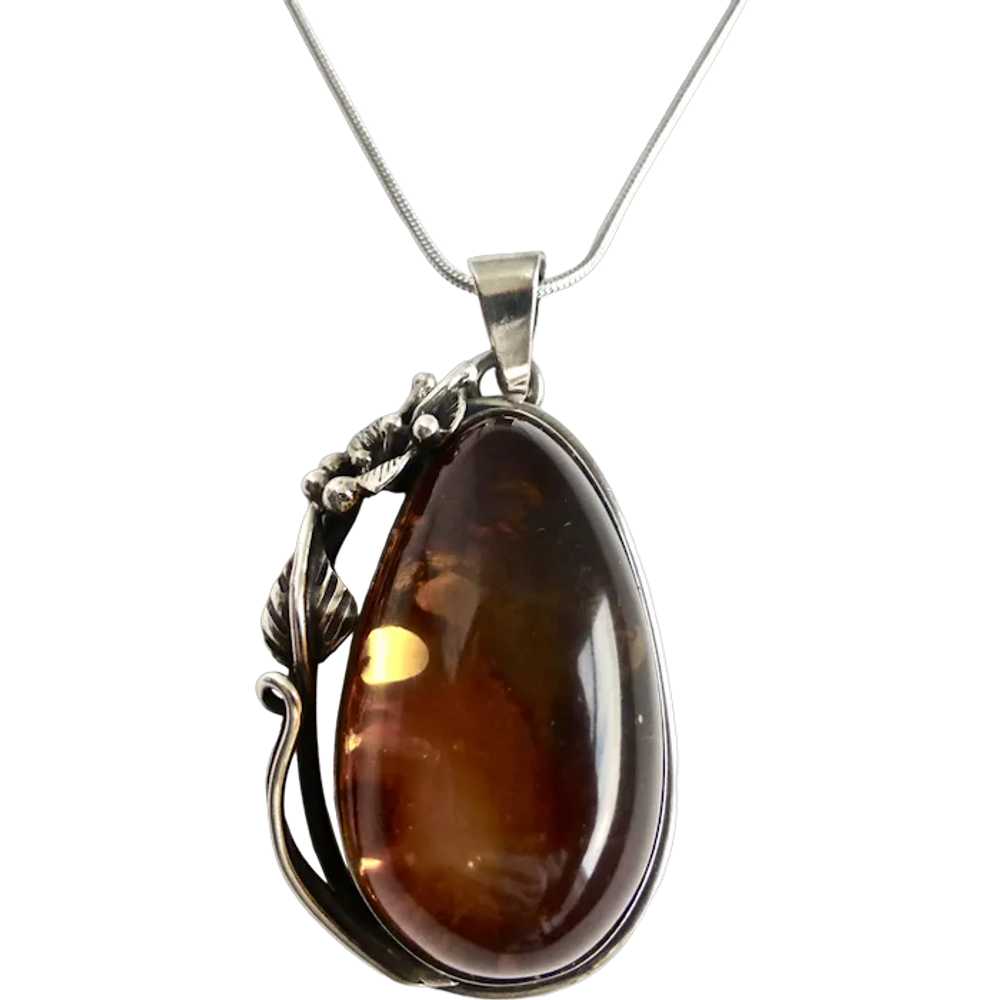 Sterling Silver Amber Pear Shaped Pendant Necklac… - image 1