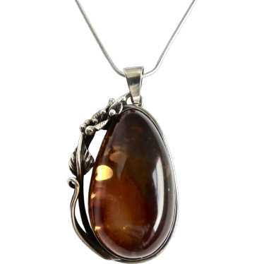 Sterling Silver Amber Pear Shaped Pendant Necklac… - image 1