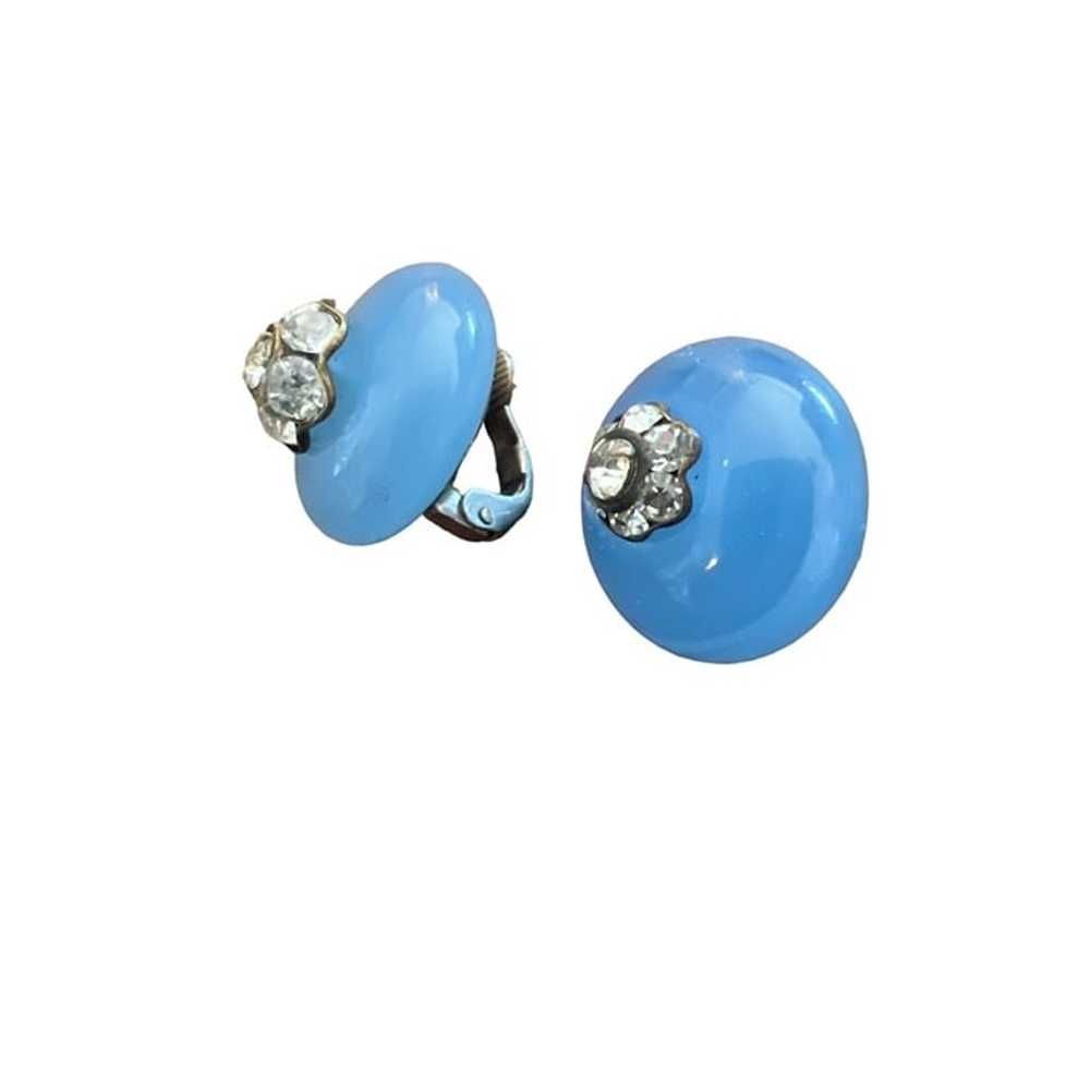 Vintage Clip-on Earrings Rhinestones Blue Chaldec… - image 5