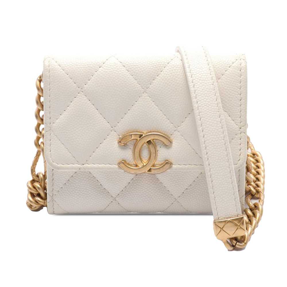 White Chanel Quilted Caviar Card Holder on Chain … - image 1