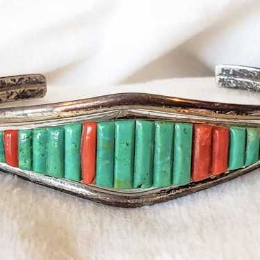 Chris Tom Signed Vintage Native American Navajo Coral Sterling Silver Ring Chris Tom Signed Vintage Native American Navajo Coral Sterling Silver Ring