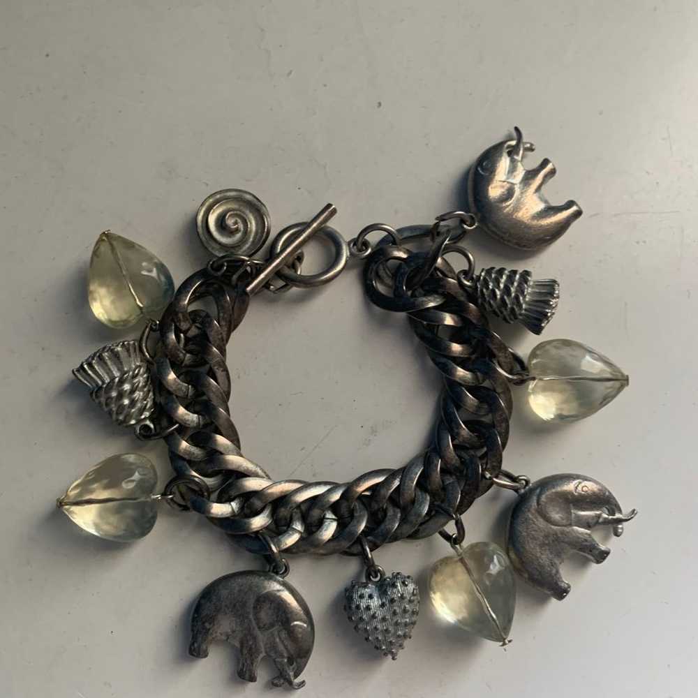 Vintage Antique Silver Link Charm Bracelet Puff 3… - image 1