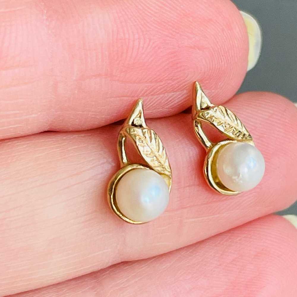 10k Gold White Natural Pearl Leaf Motif Vintage S… - image 7