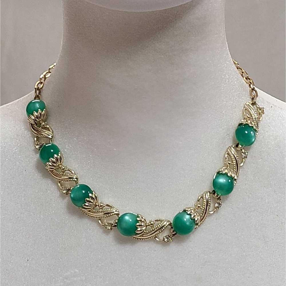 Vintage Gold Tone Green Moonglow Necklace - image 1