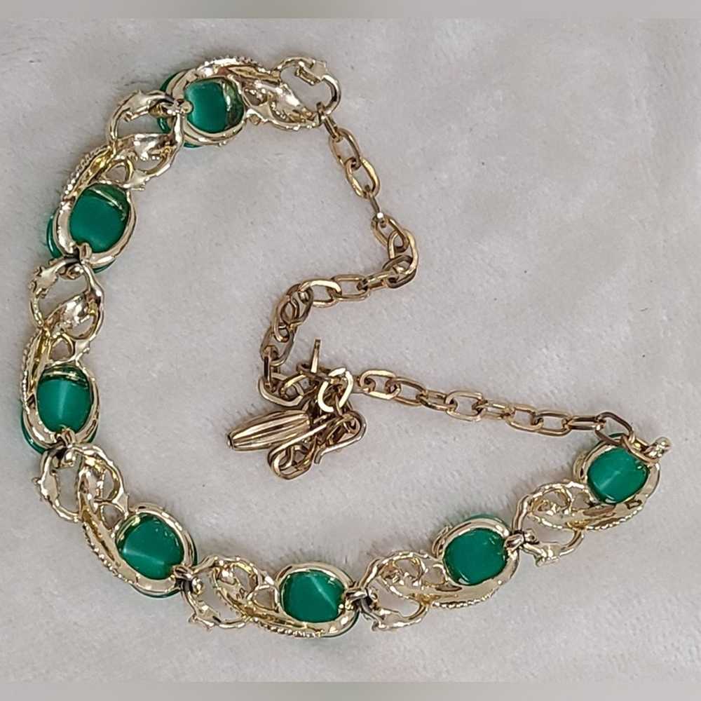 Vintage Gold Tone Green Moonglow Necklace - image 2