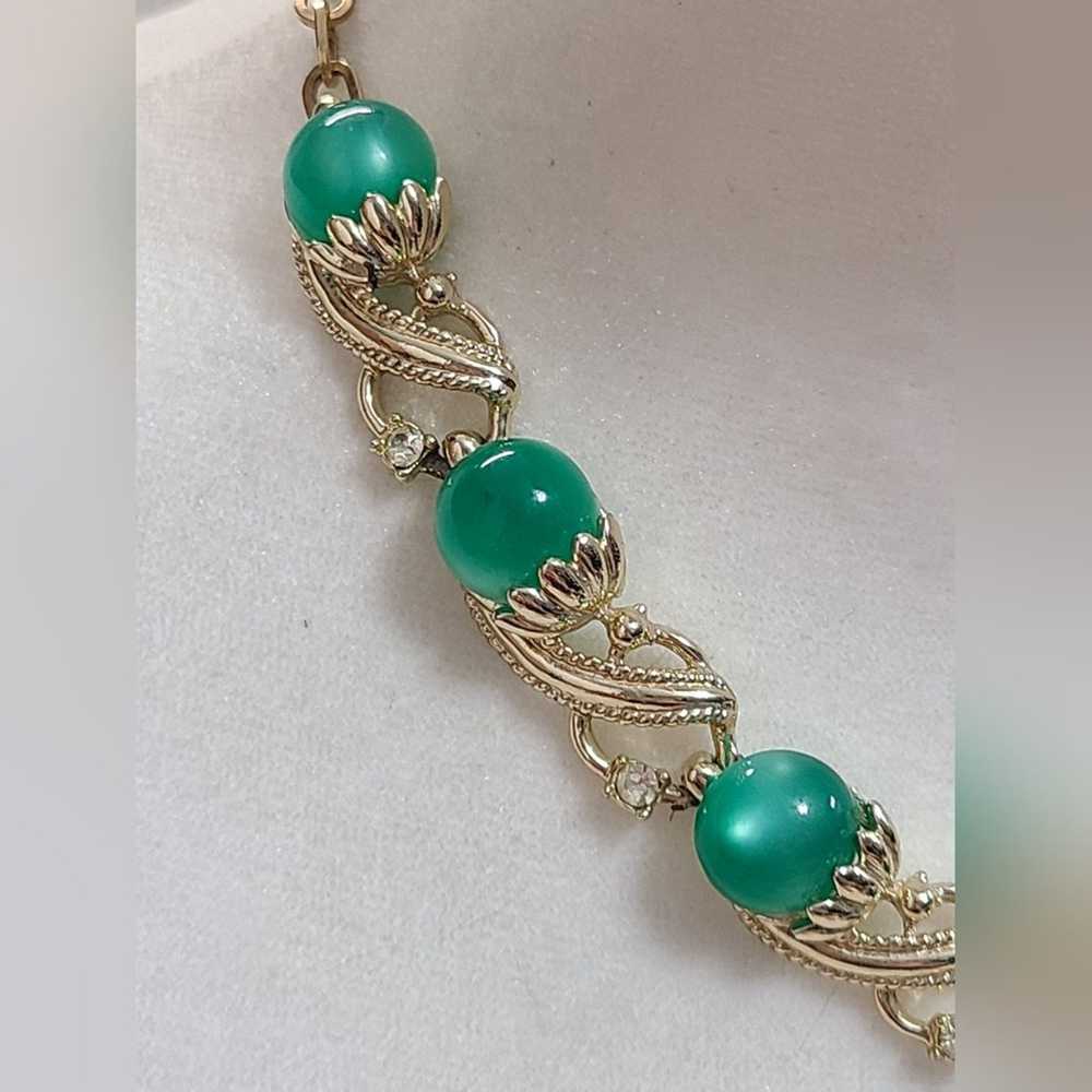 Vintage Gold Tone Green Moonglow Necklace - image 3