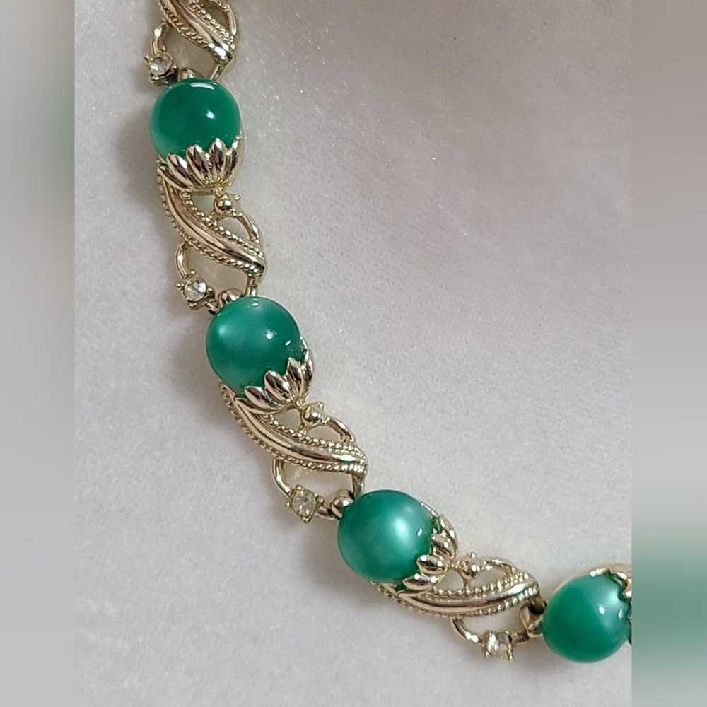 Vintage Gold Tone Green Moonglow Necklace - image 4