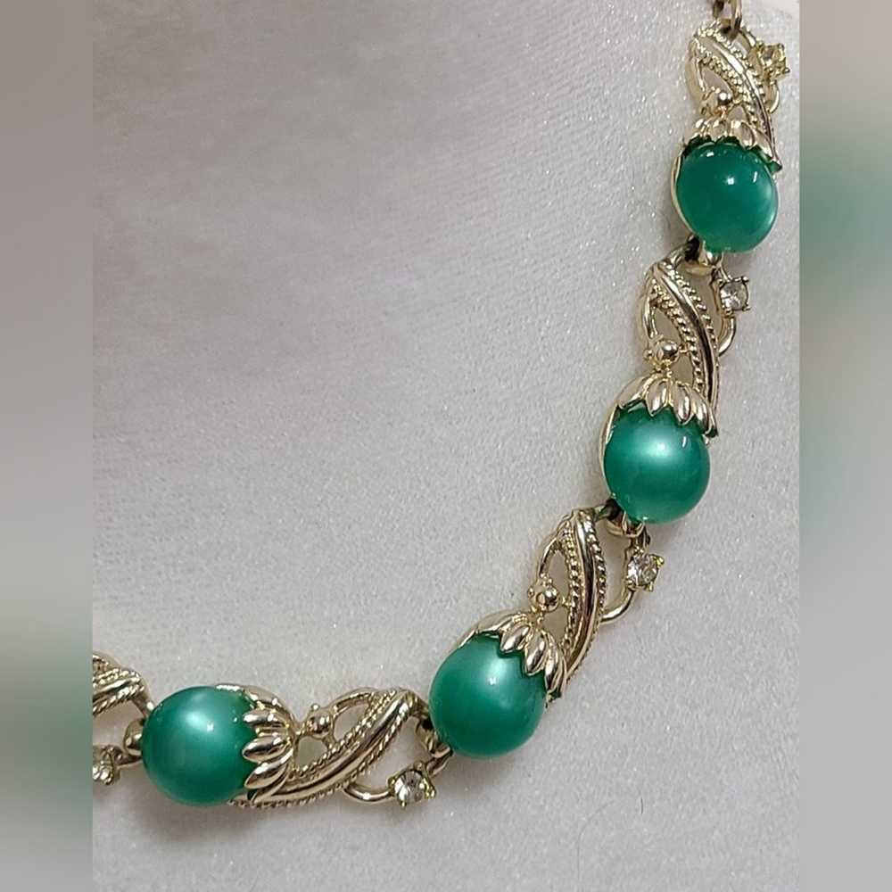 Vintage Gold Tone Green Moonglow Necklace - image 5