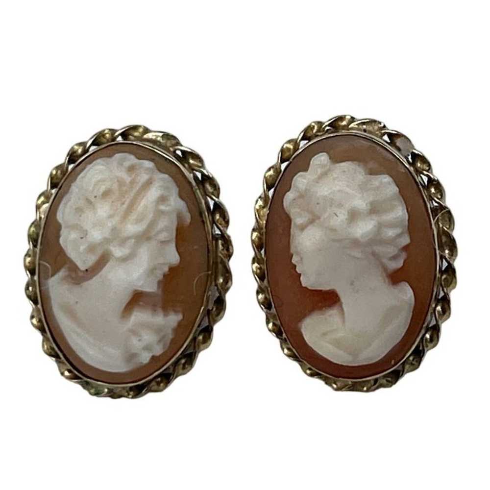 Vintage Estate 14k Yellow Gold Cameo Earrings She… - image 1