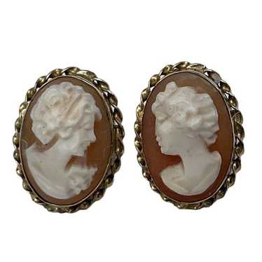 Vintage Estate 14k Yellow Gold Cameo Earrings She… - image 1