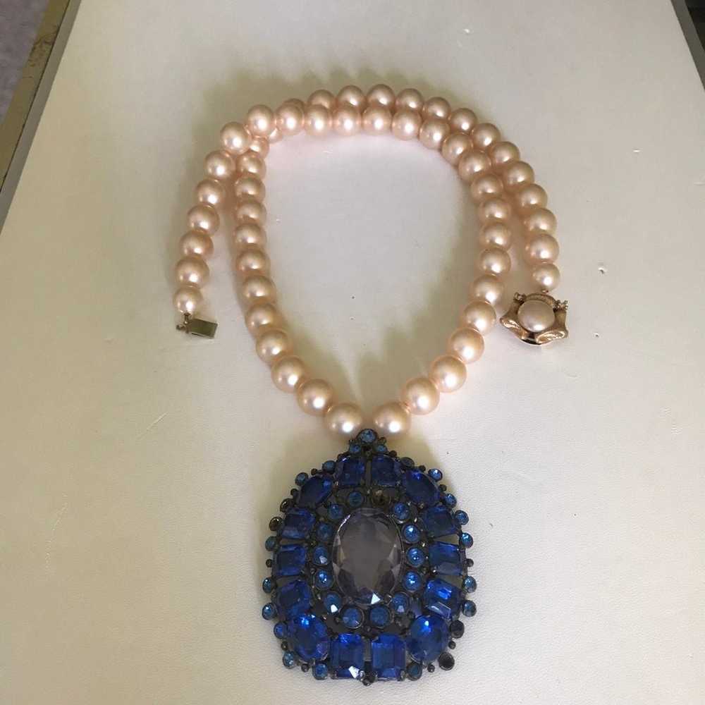 Antique 1930's Blue Crystals Pendant Pearl Ornate… - image 1