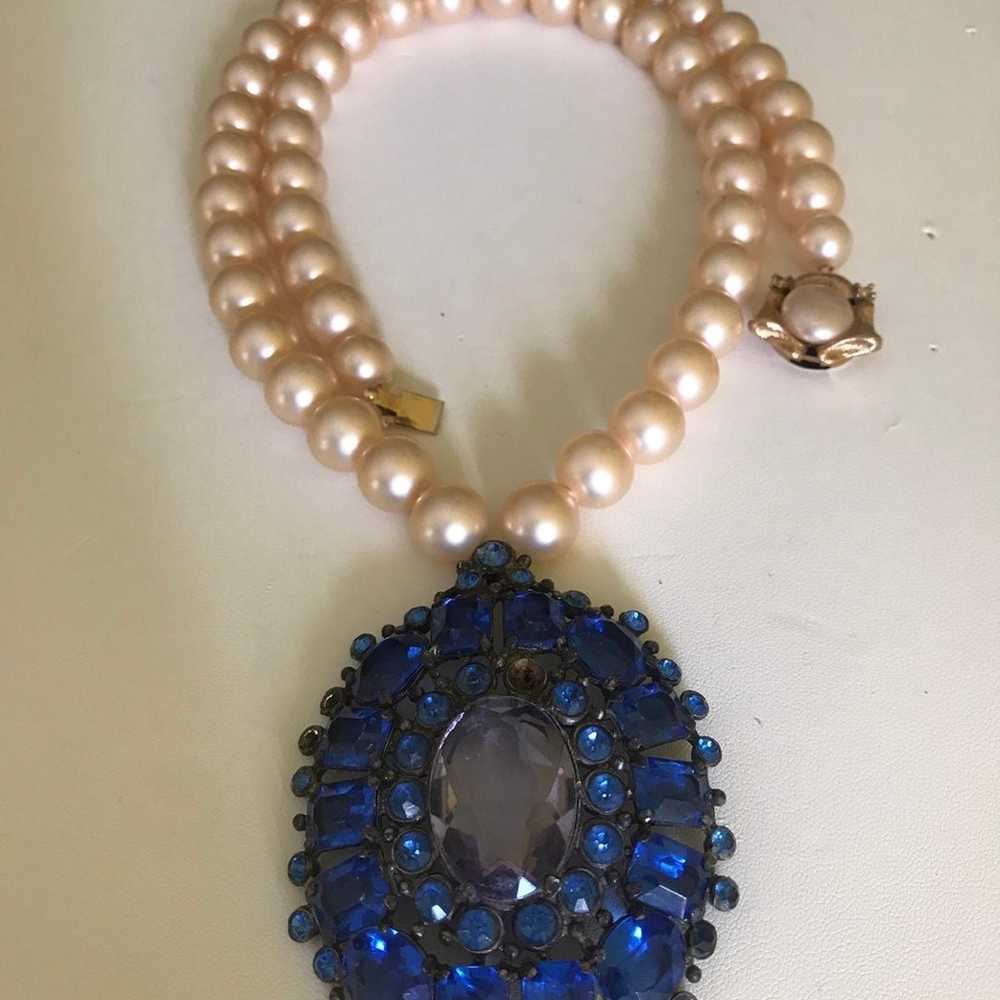 Antique 1930's Blue Crystals Pendant Pearl Ornate… - image 2