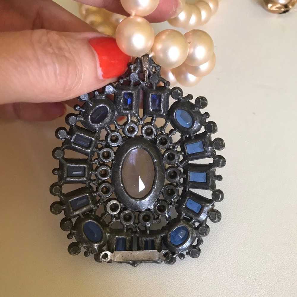 Antique 1930's Blue Crystals Pendant Pearl Ornate… - image 4