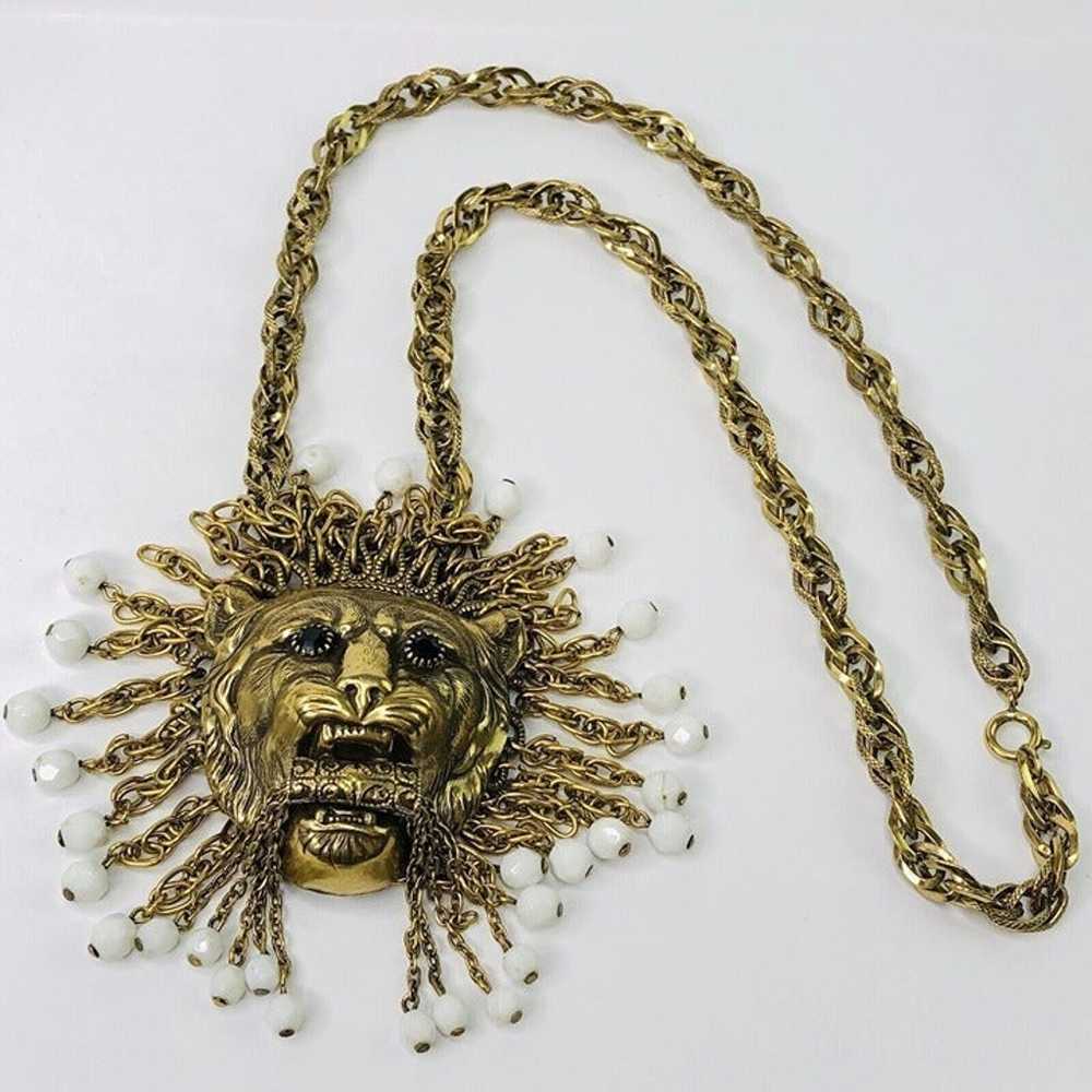 RARE Vintage 3D Lion Head Pendant Necklace 25" Be… - image 10