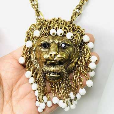 RARE Vintage 3D Lion Head Pendant Necklace 25" Be… - image 1