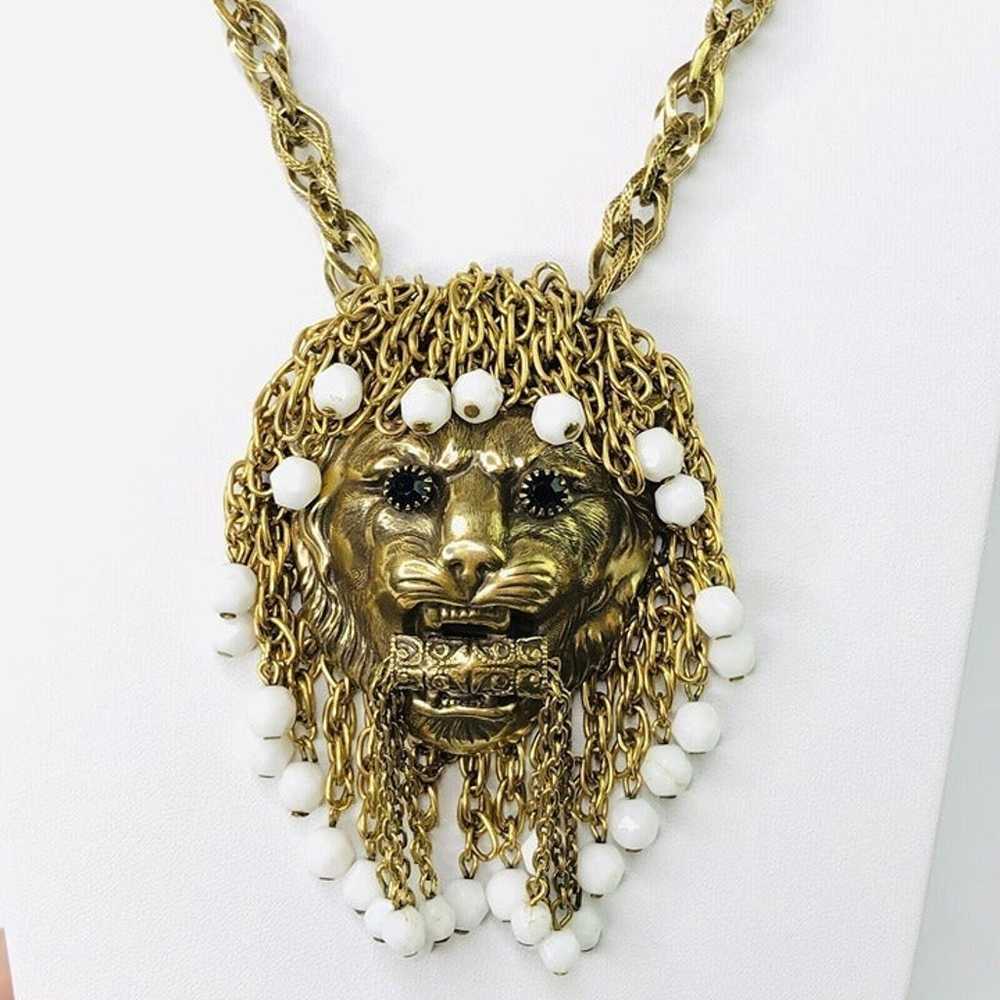 RARE Vintage 3D Lion Head Pendant Necklace 25" Be… - image 2